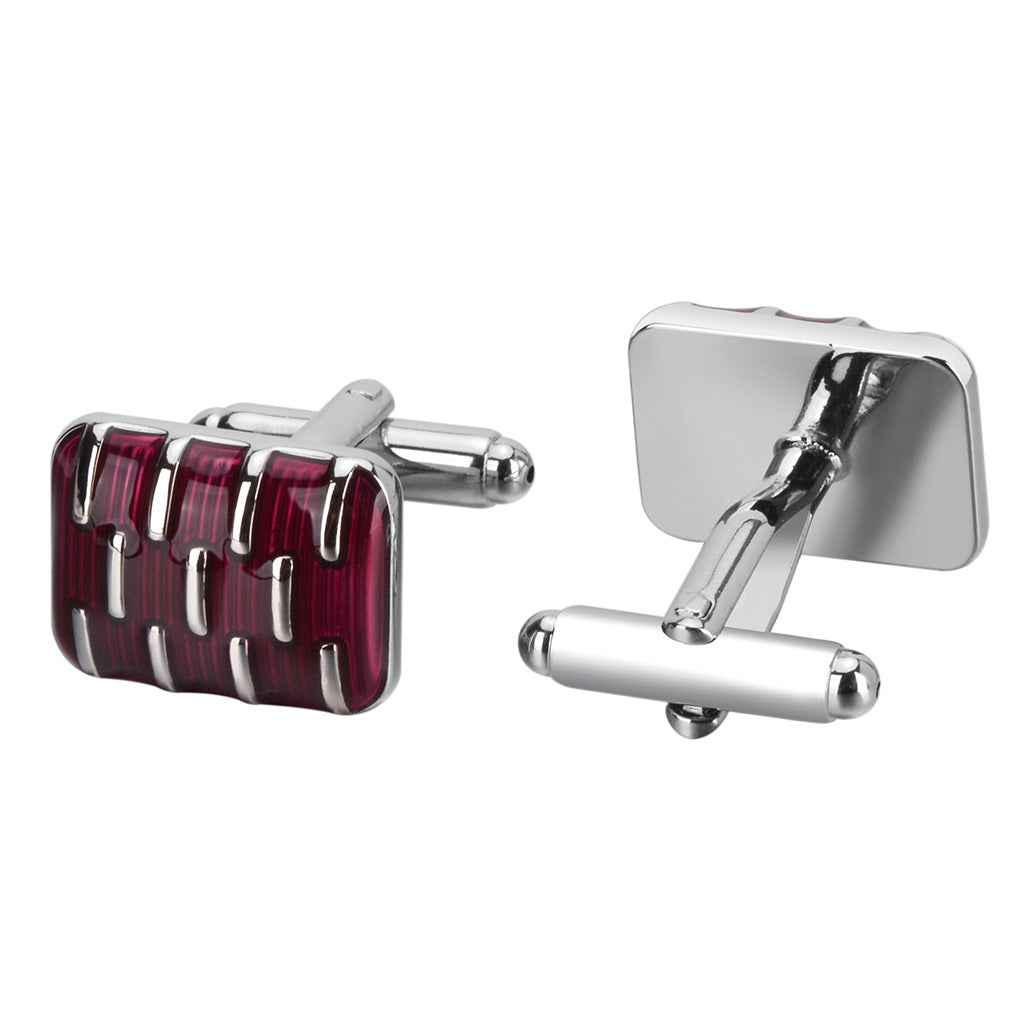 Red rectangular resin cufflinks with silver detailing, pair