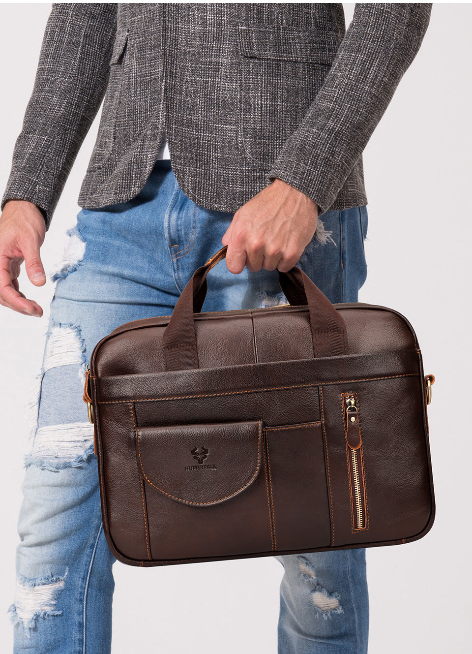Men's Genuine Leather Briefcase,Top Grain Cowhide Laptop Bag