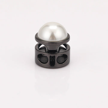 Gunmetal two-hole cord lock, pearl dome top, cylinder spring drawstring fastener