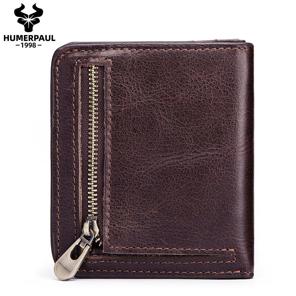 Men's Leather Short Wallet Top Grain Cowhide Minimalist Card Holder Coffee