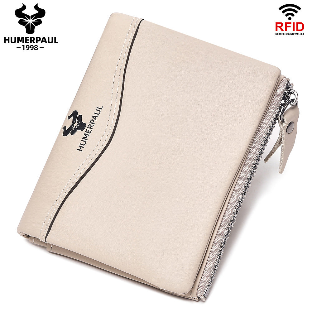 Retro Genuine Leather Short Wallet Beige