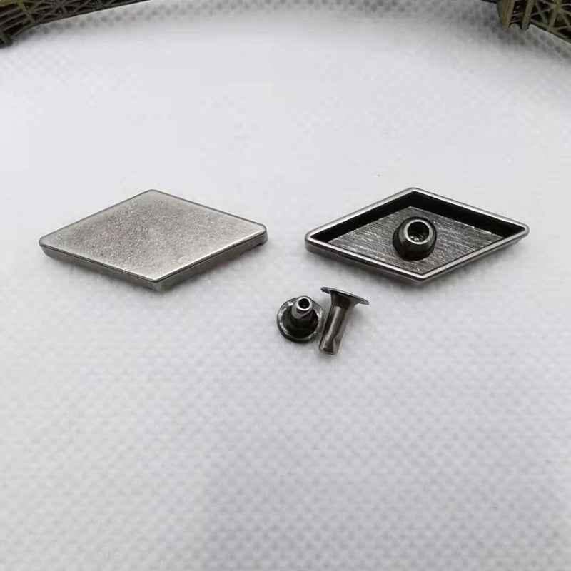 Antique silver flat diamond alloy rivets with square tops and metal backing studs