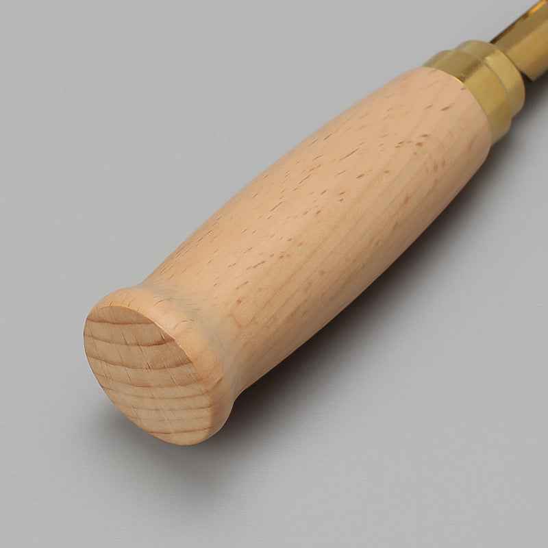 Wood-handled leather belt hole punch tool with brass collar and tip