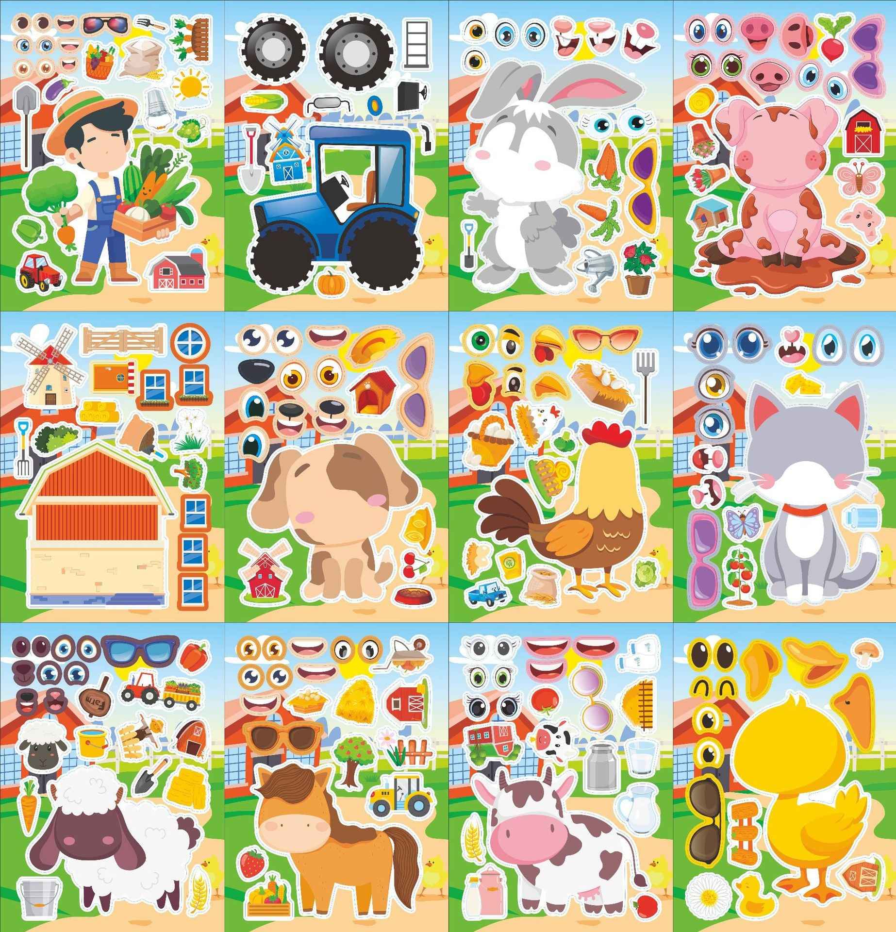 Make a Face Anime Farm Animals Stickers for Kids 24 Sheets