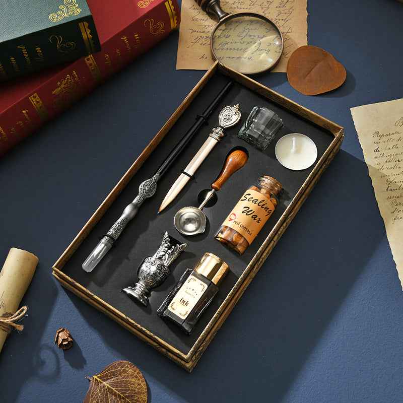 8pcs Dip Pen Ink Wax Seal Letter Opener Tool Calligraphy Gift Set Silver