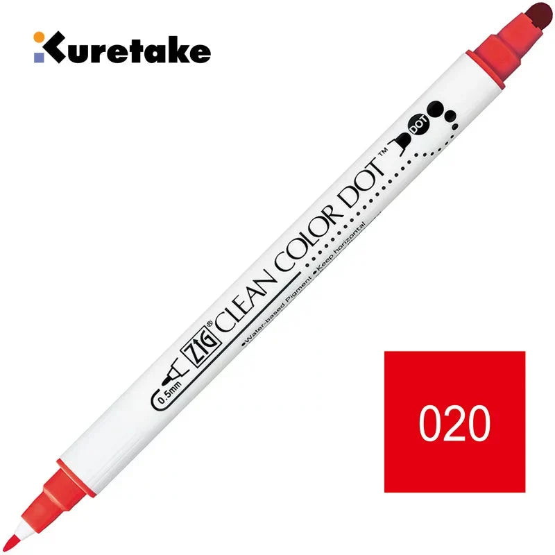 Kuretake ZIG Clean Color Dot TC-6100 – 2-Pack | Dual-Tip Dot & Brush Watercolour Marker | Journal / Illustration / Hand-Lettering | Japan Kuretake 020 Red