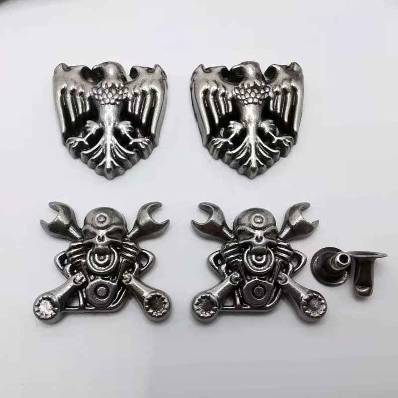 Gothic eagle-head metal rivet studs with skull wings, silver finish, 4 pieces shown