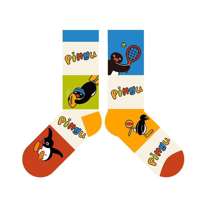 Bunte Pinguin-Knöchelsocken mit Pinggu-Schriftzug und blau/orangen Motiven, 2er