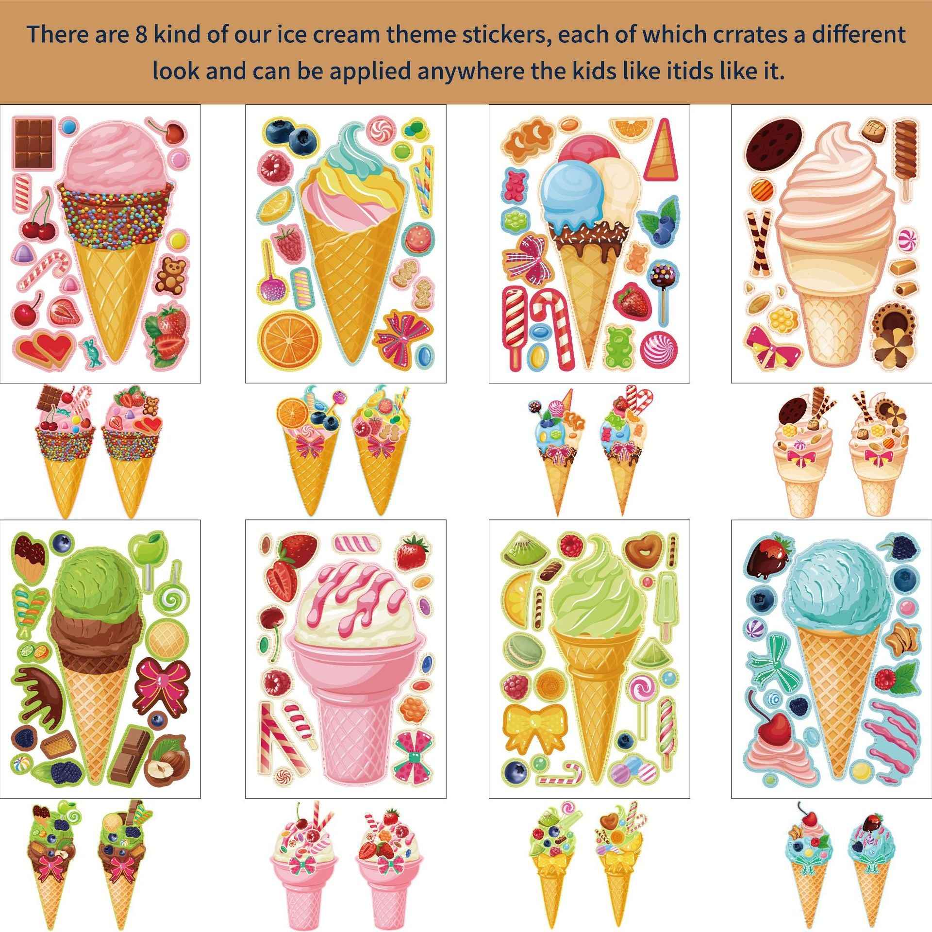 32 Sheets Cartoon Ice Cream Summer Face DIY Stickers for Kids