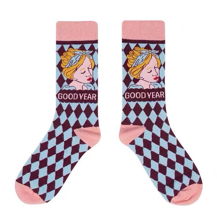 French Illustration Cartoon Cat Crew Socks Pink Kawaii Mid-High 6-Pack