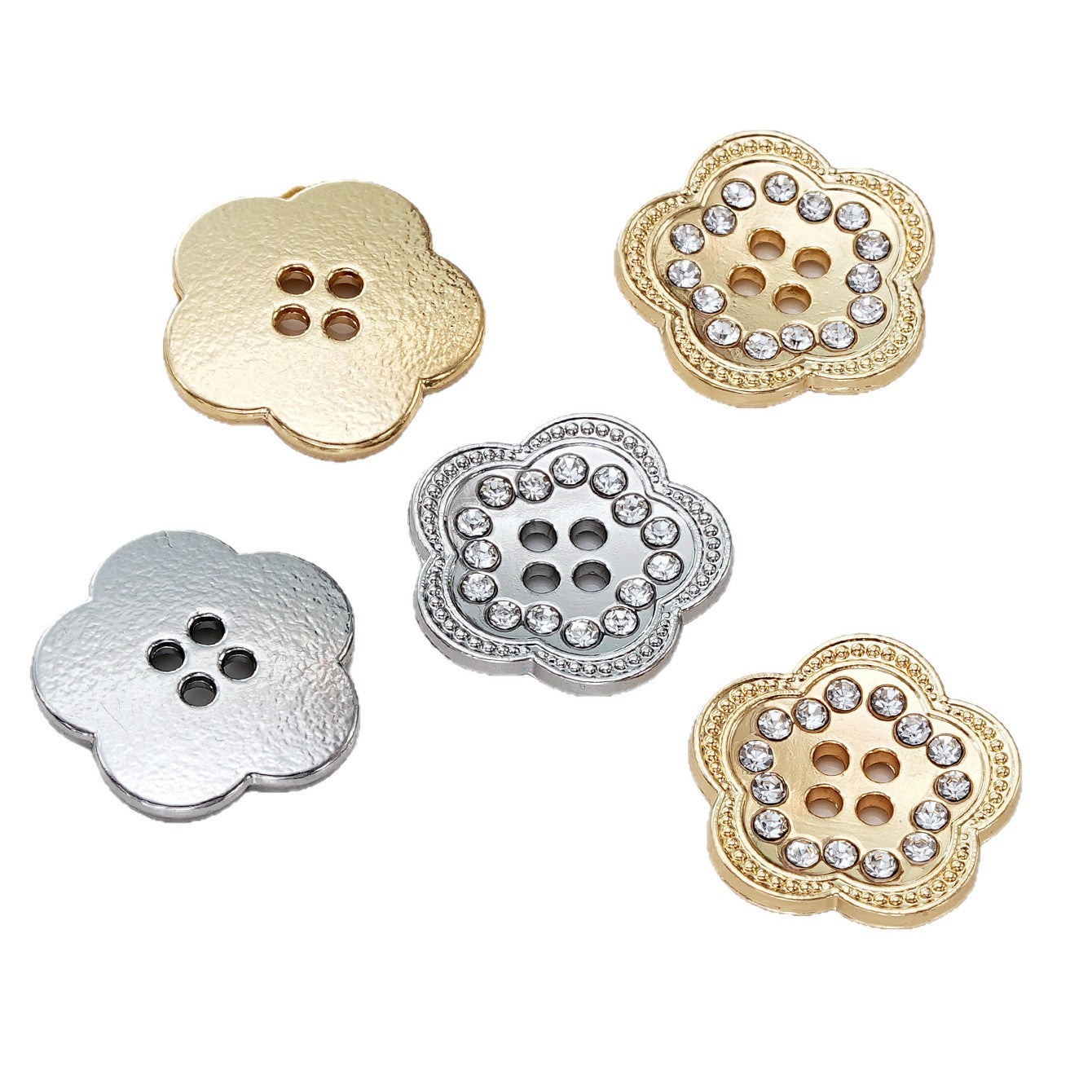 Set aus Knöpfen: silbern, goldfarben und elfenbeinfarben, 4 Löcher, blütenförmige Strassoptik