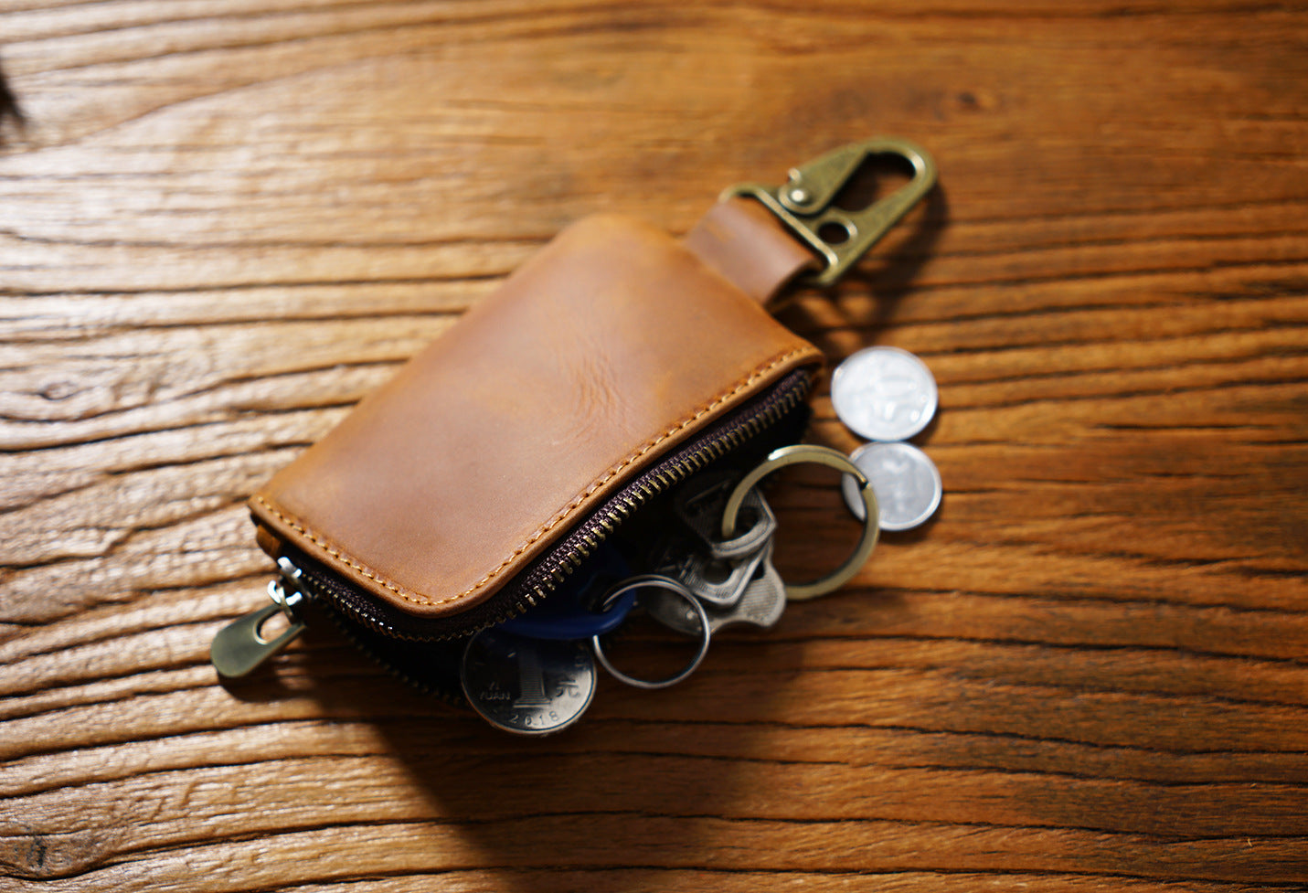 Leather Mini Coin Pouch with Keychain - Men's Belt Clip Zipper Pouch