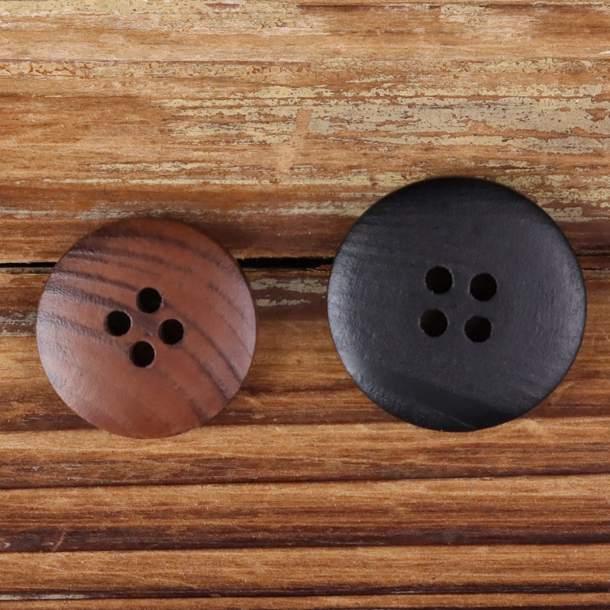 Round 4-hole distressed wood buttons, brown and black pair