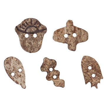 Assorted coconut shell novelty buttons in five shapes, each with two holes