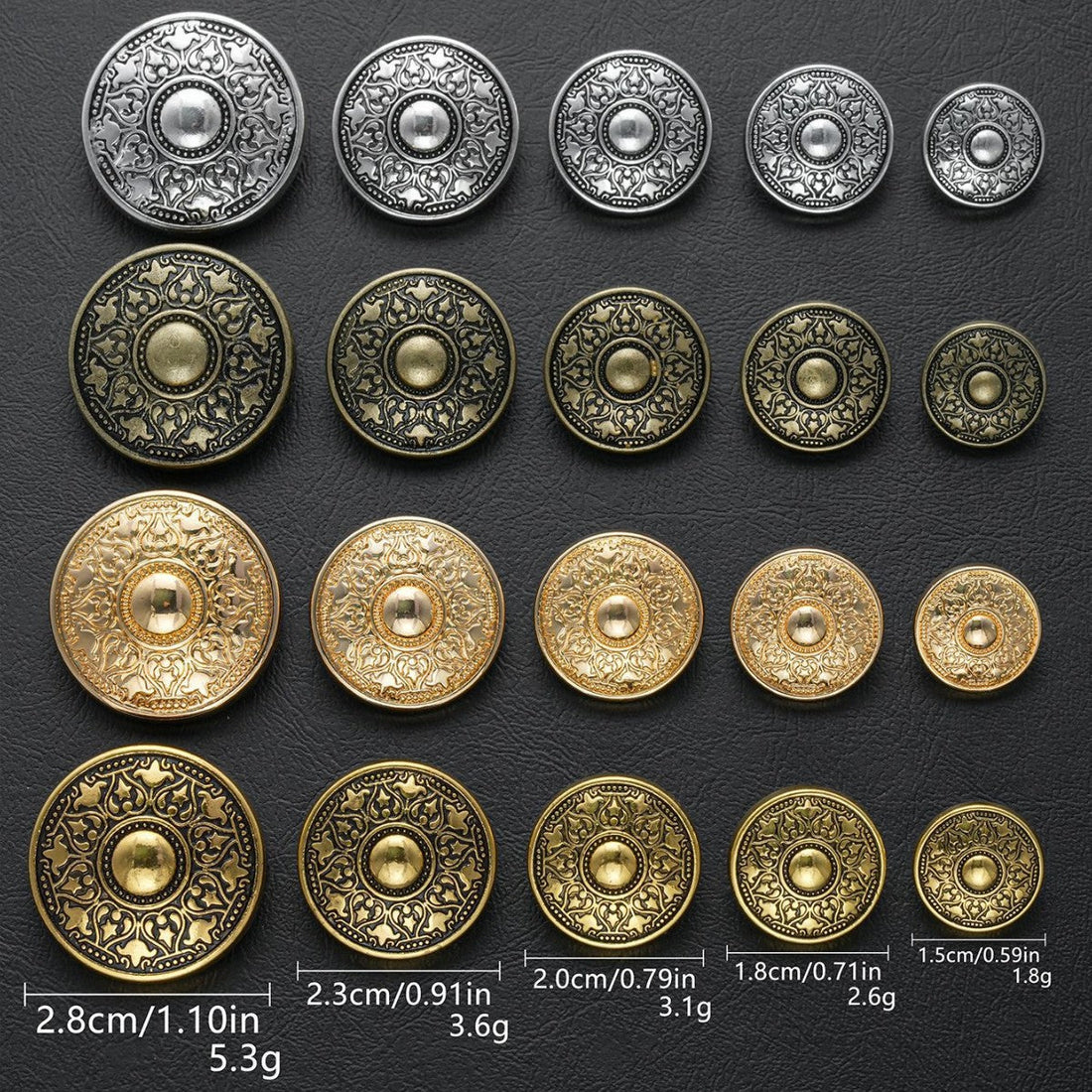 Runde Metall-Schaftknöpfe im Vintage-Design, 30er Set, Antik-Silber bis Gold