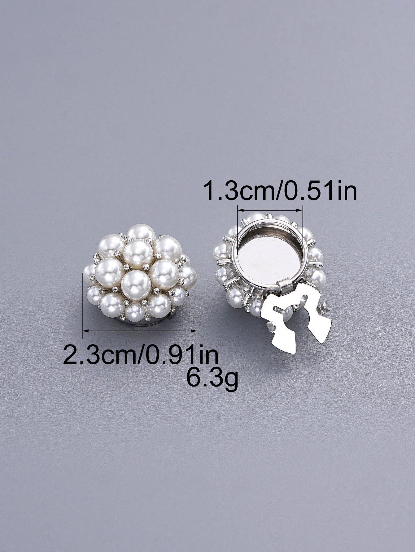 Pearl flower metal clamp decorative buttons, 3 pack—silver tone, round pearl center