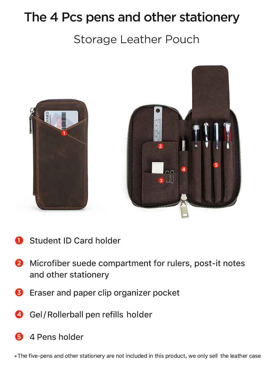 Leather Pencil Case – Handmade Zipper Pen Pouch with 7 Organized Slots