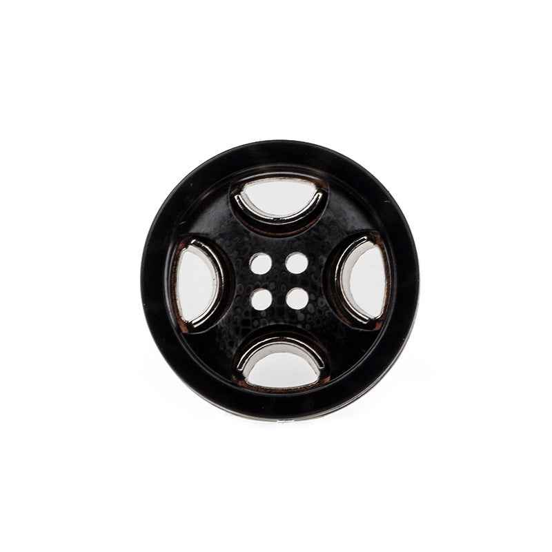Round 4-hole resin-metal coat button, glossy black face with four holes and gold-tone rim