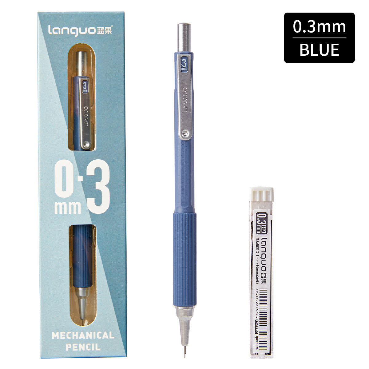 Low-Center Gravity Metal Mechanical Pencil with Leads Set 0.3mm/0.5mm Blue 0.3mm