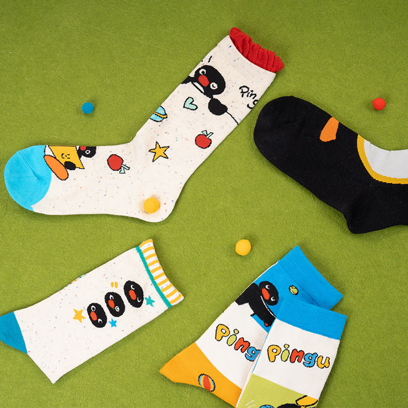 Pinguin-Knöchelsocken im Set: weiß und schwarz/bunt, mehrere Designs, 4er-Pack
