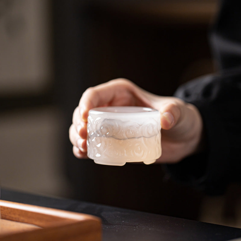 50ml Liuli Art Glass Tea Cup Set of 4 | Ink Splash Auspicious Cloud Design