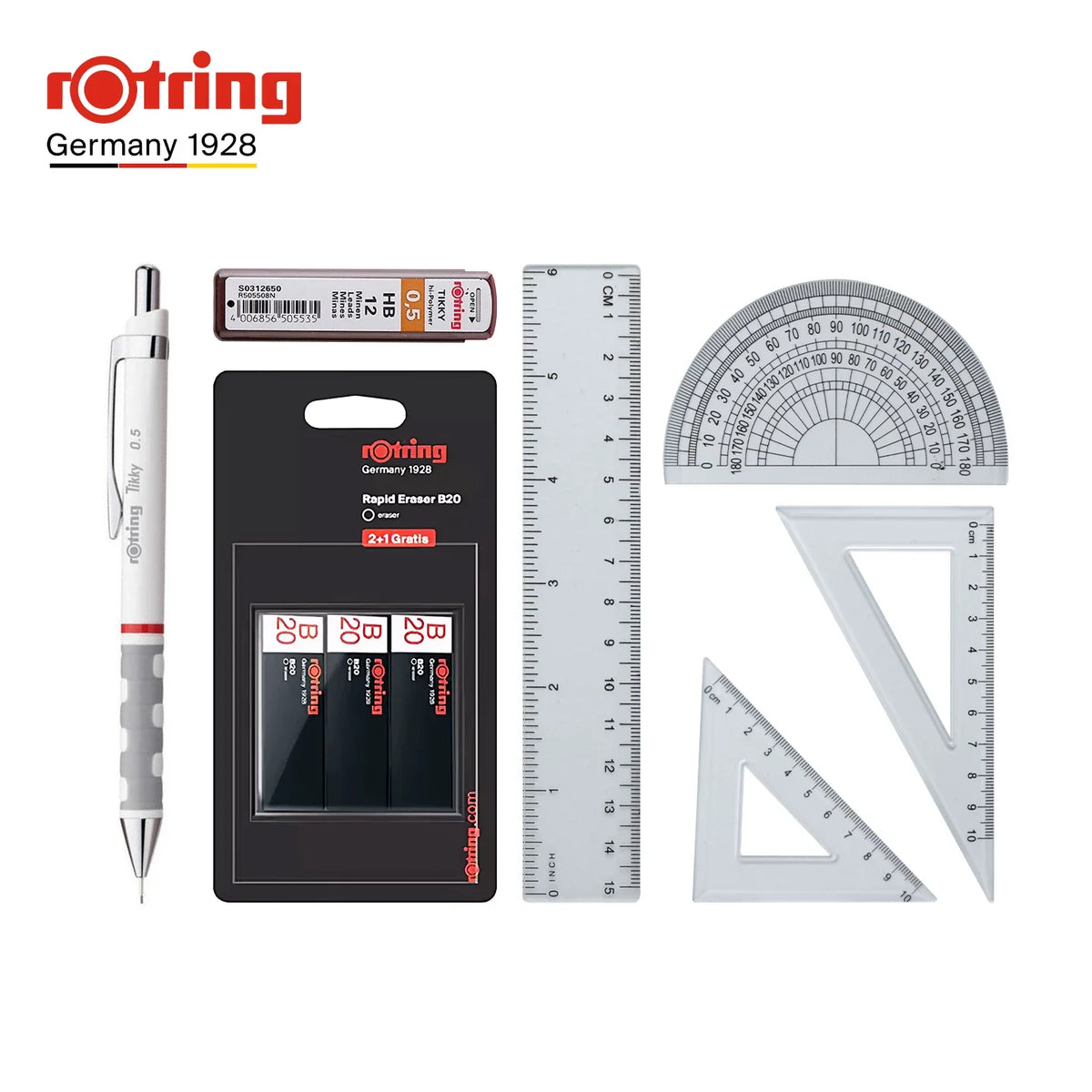rOtring Tikky Mechanical Pencil Complete Set – 0.5mm Pencil + B20 Erasers + 0.5mm Lead Refills + 4-Piece Ruler Set White