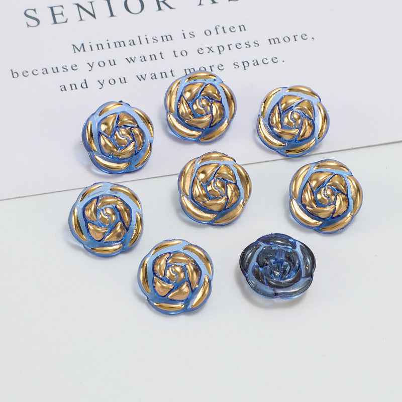 12.5mm acrylic rose buttons, blue and gold iridescent swirl design