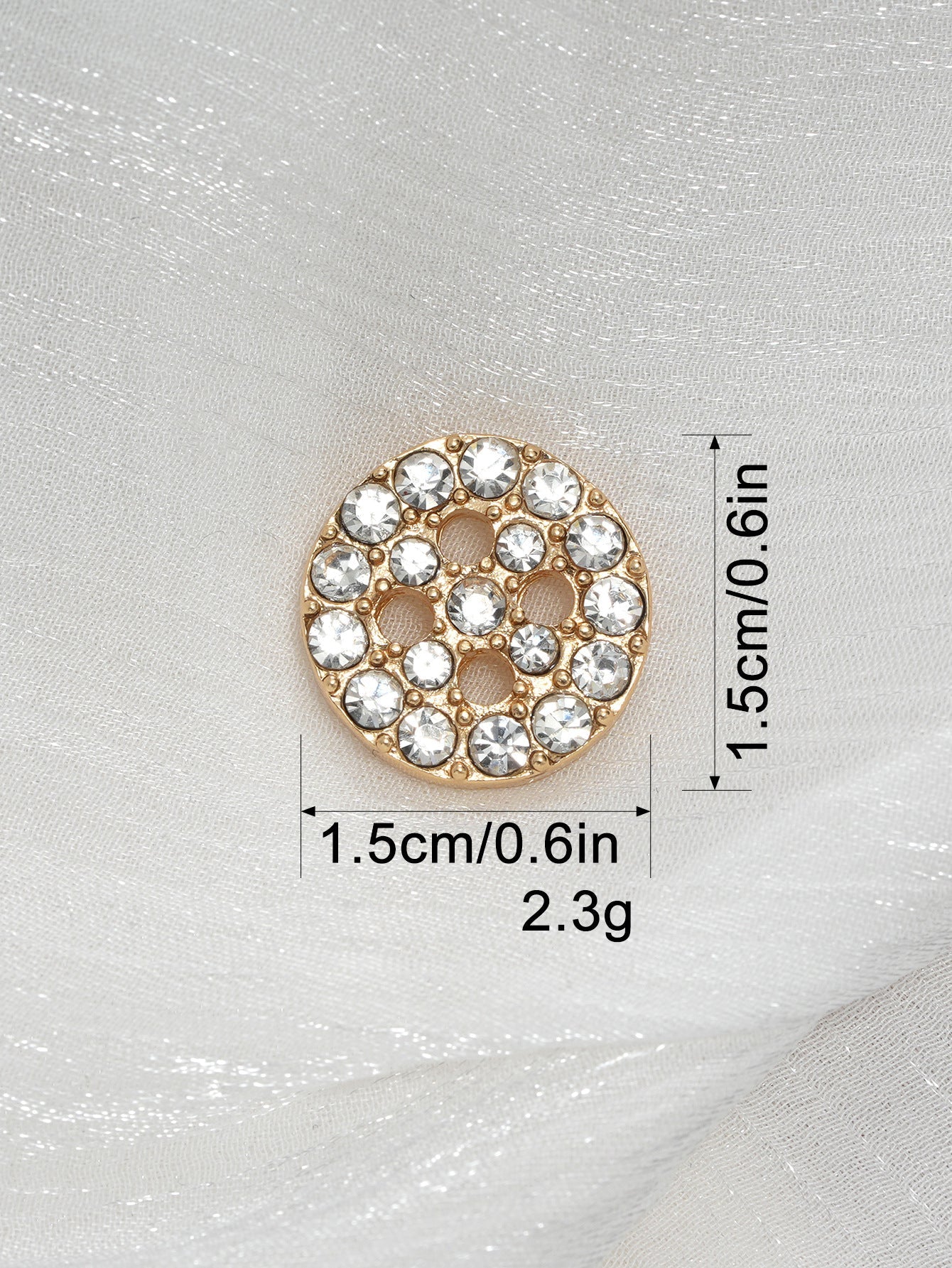 Gold round rhinestone 4-hole shirt button with evenly set crystals in circle