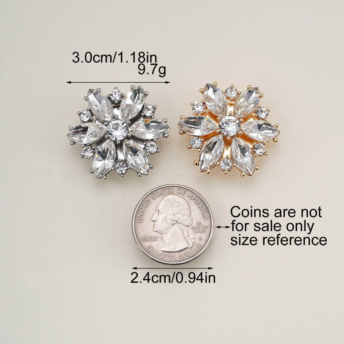 30mm crystal flower clamp buttons, silver and gold with gem petals and snap tabs