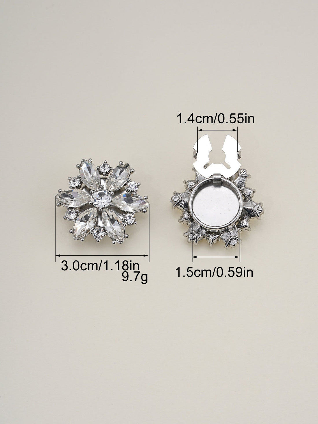 Silver crystal flower clamp button, detachable metal setting, round inner snap base
