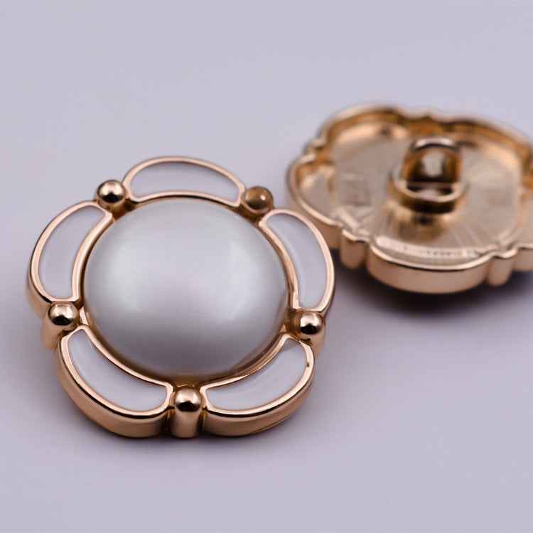 Victorian shank buttons, round floral lace design, white enamel with gold tone