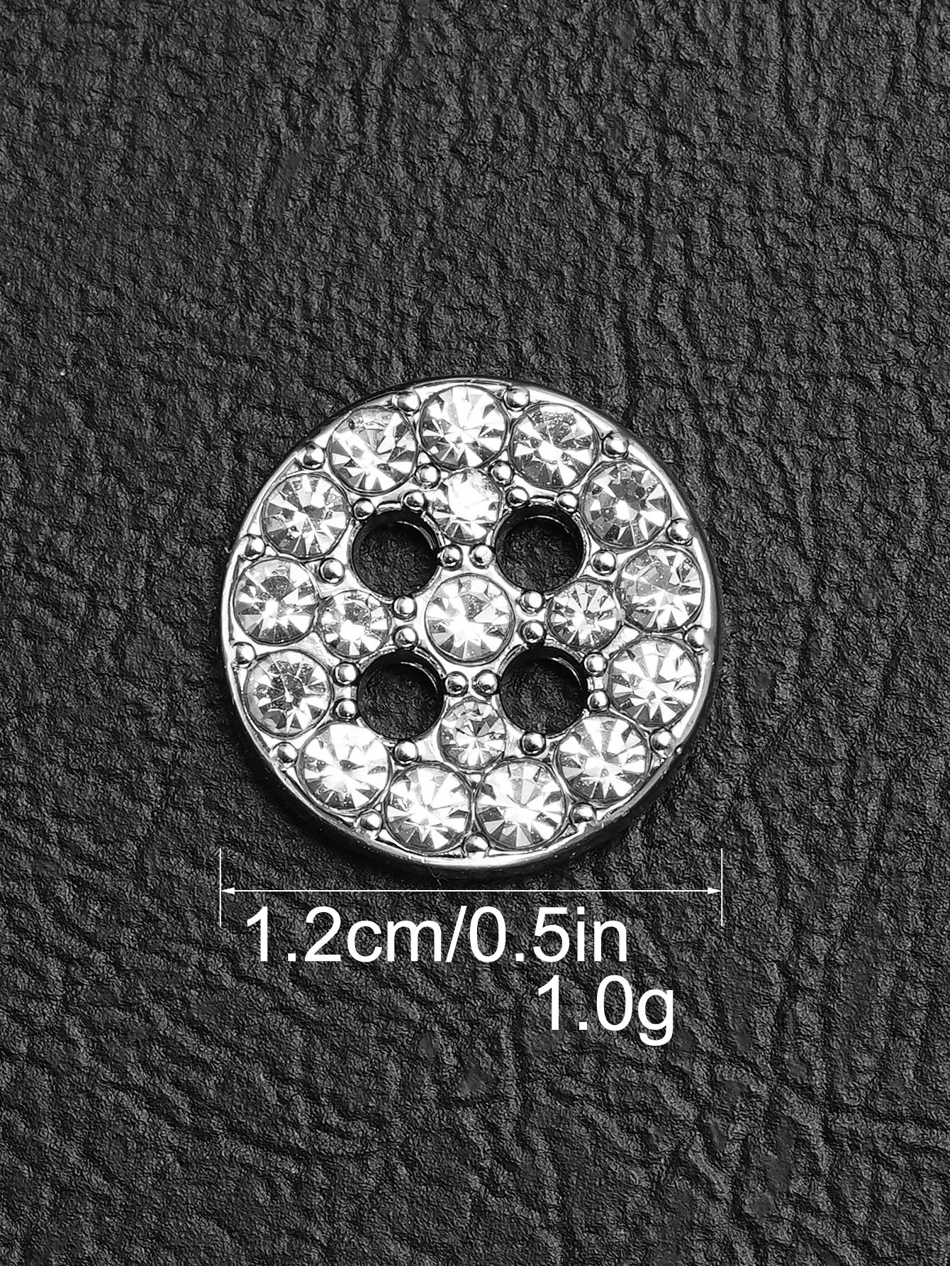 Silver round rhinestone shirt button, crystal-studded face with four holes