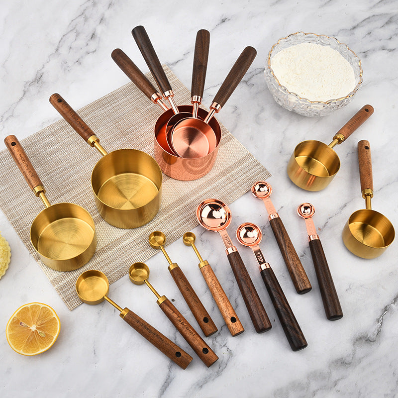 Walnut & Rose Gold Stainless Steel Measuring Cups & Spoons – 8-Piece