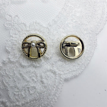 Gold French vintage hollow bow shirt button with faux pearl center, 11.5mm