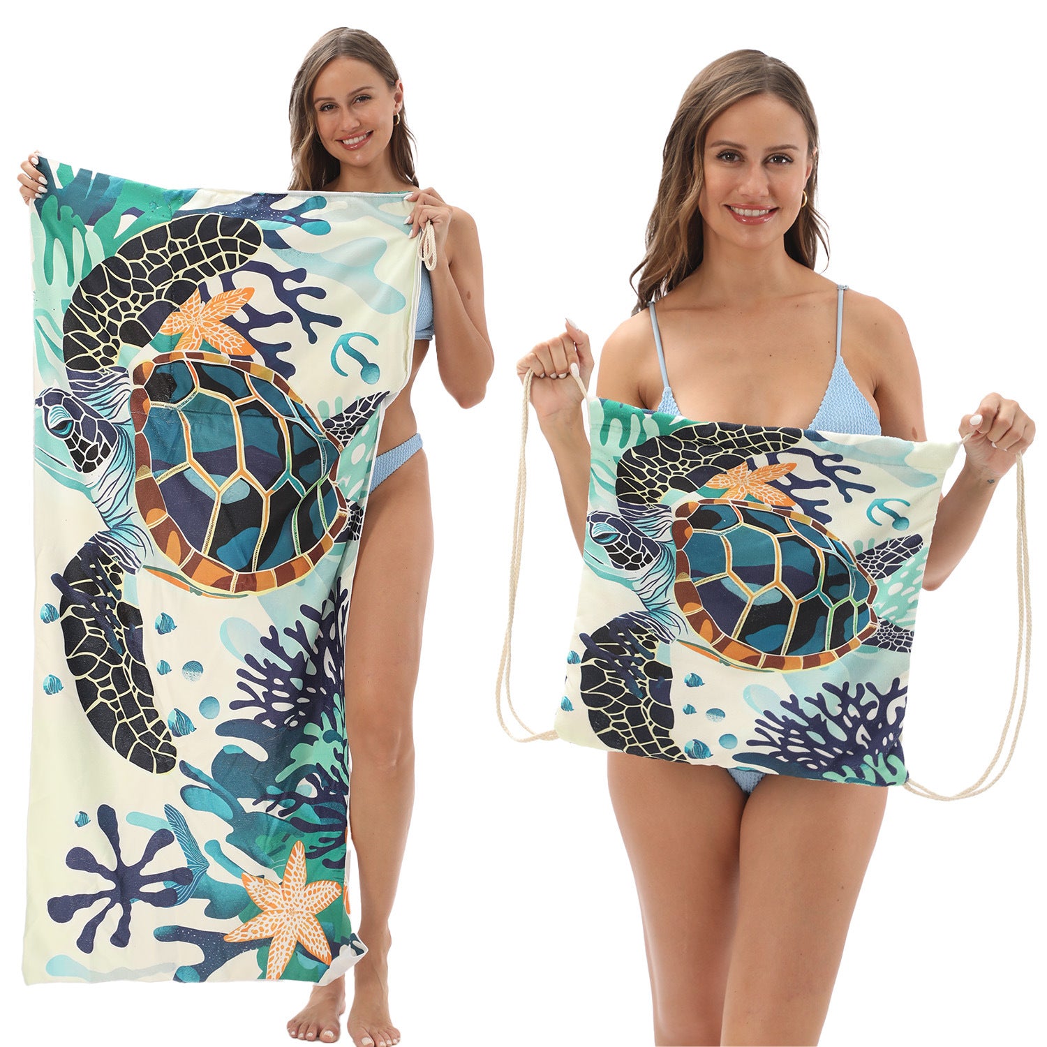 2-in-1 Foldable Printed Beach Towel Built-In Storage Bag