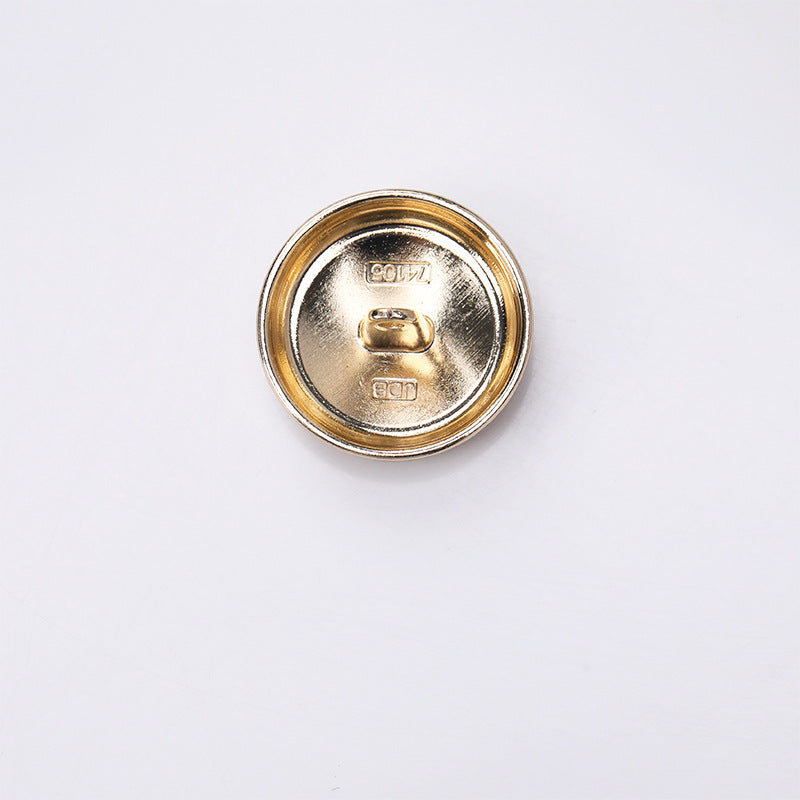 Round crown enamel metal shank button back, gold-tone metal with stamped markings