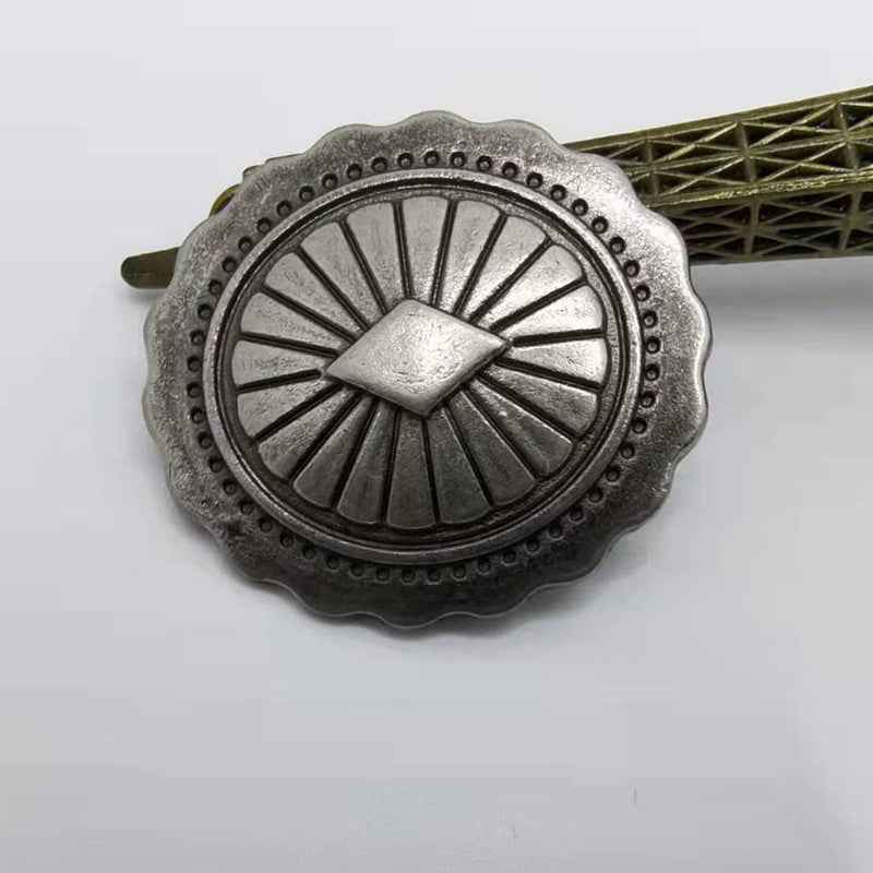 30x27mm antique silver arabesque rivet stud, scalloped sunburst design, 3-hole backplate