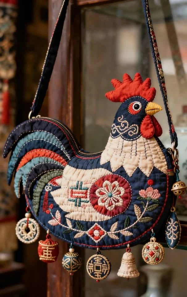 Handmade Rooster Embroidery Tote Bag – New Chinese Style Large-Capacity Fabric Shoulder Bag A