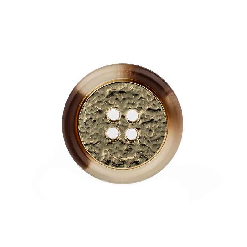 Beige round 4-hole resin-metal button with dark brown rim and metallic center