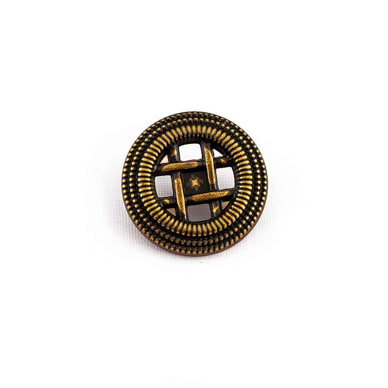 Round antique gold matte metal shank button with woven border and cross grille, front view.