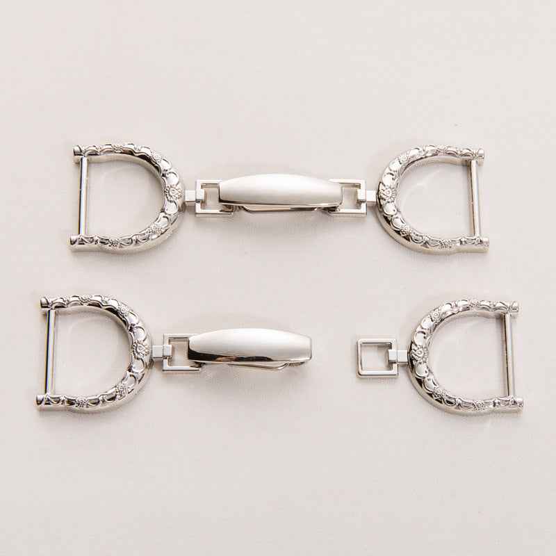 Oversized metal belt buckle clasp set, shiny silver-tone, decorative oval frame, 20mm x 100mm