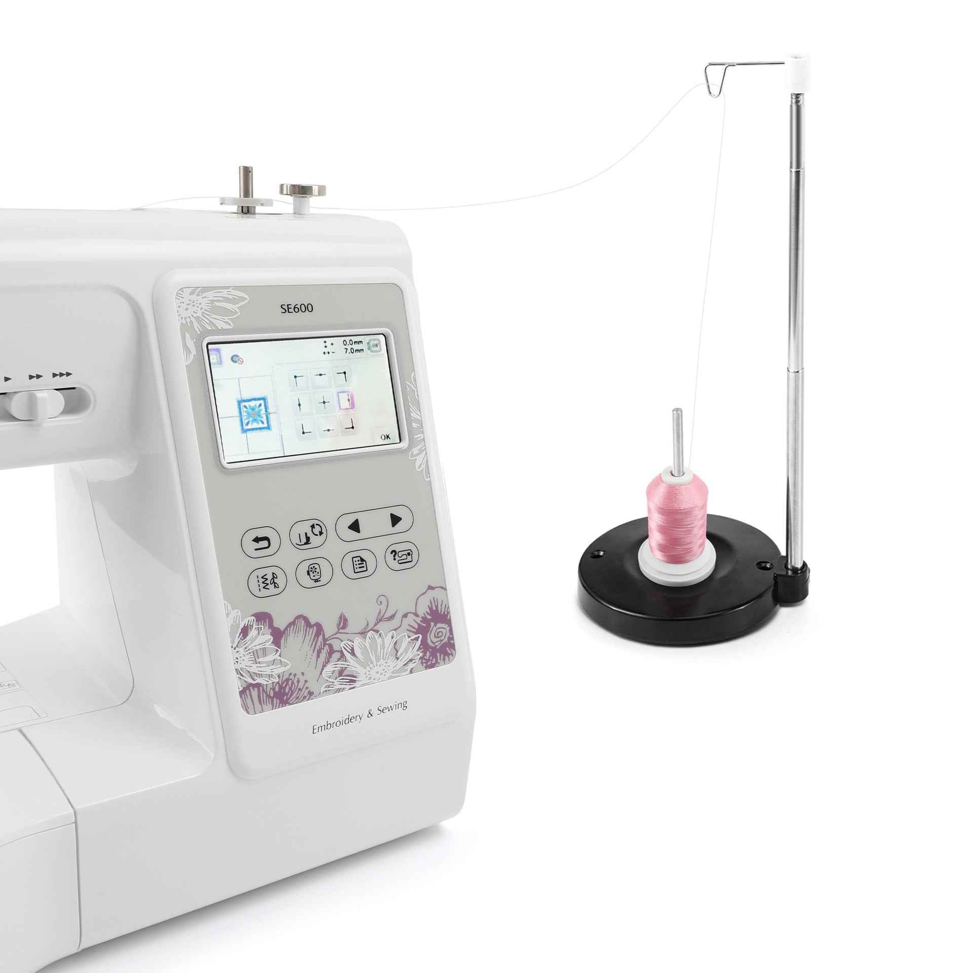 Thread cone stand with pink spool on black base beside sewing machine
