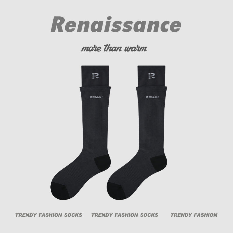 Black compression crew running socks with contrast panel at cuff, women’s fit, pair