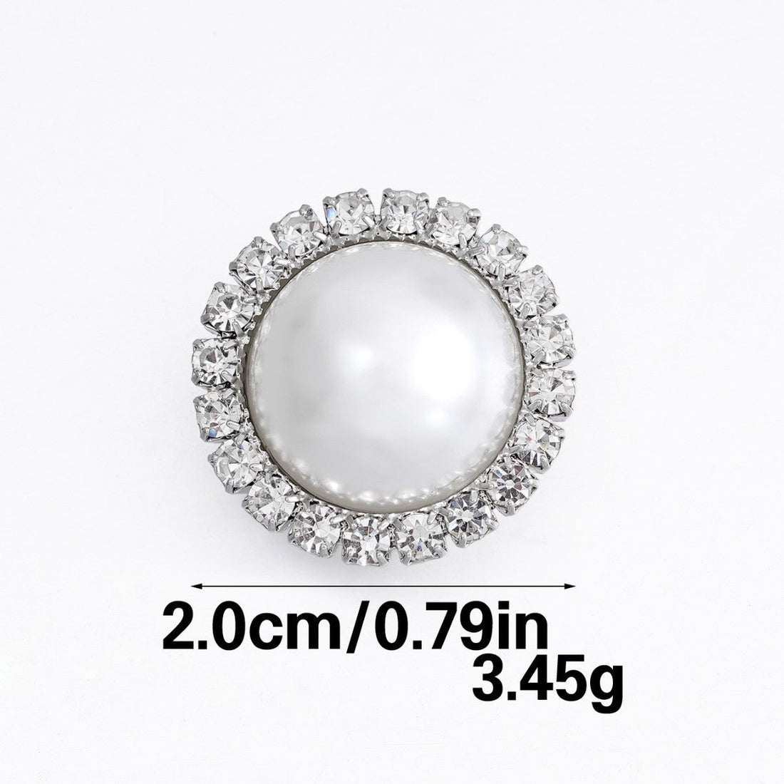 Round rhinestone snap button with pearl center and metal clamp ring, 20 mm