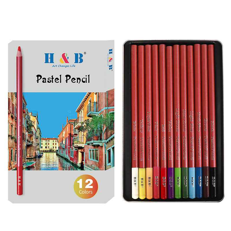 H&B Pastel Pencils, 4mm Core, Metal Tin, 12 Count