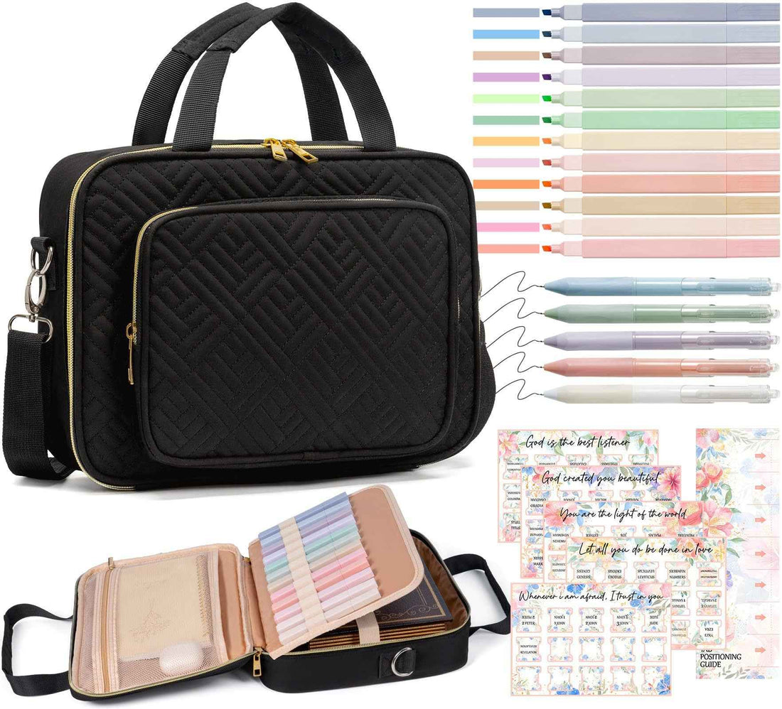 Bible Cover Case Journaling Kit with Highlighters and Pens Black