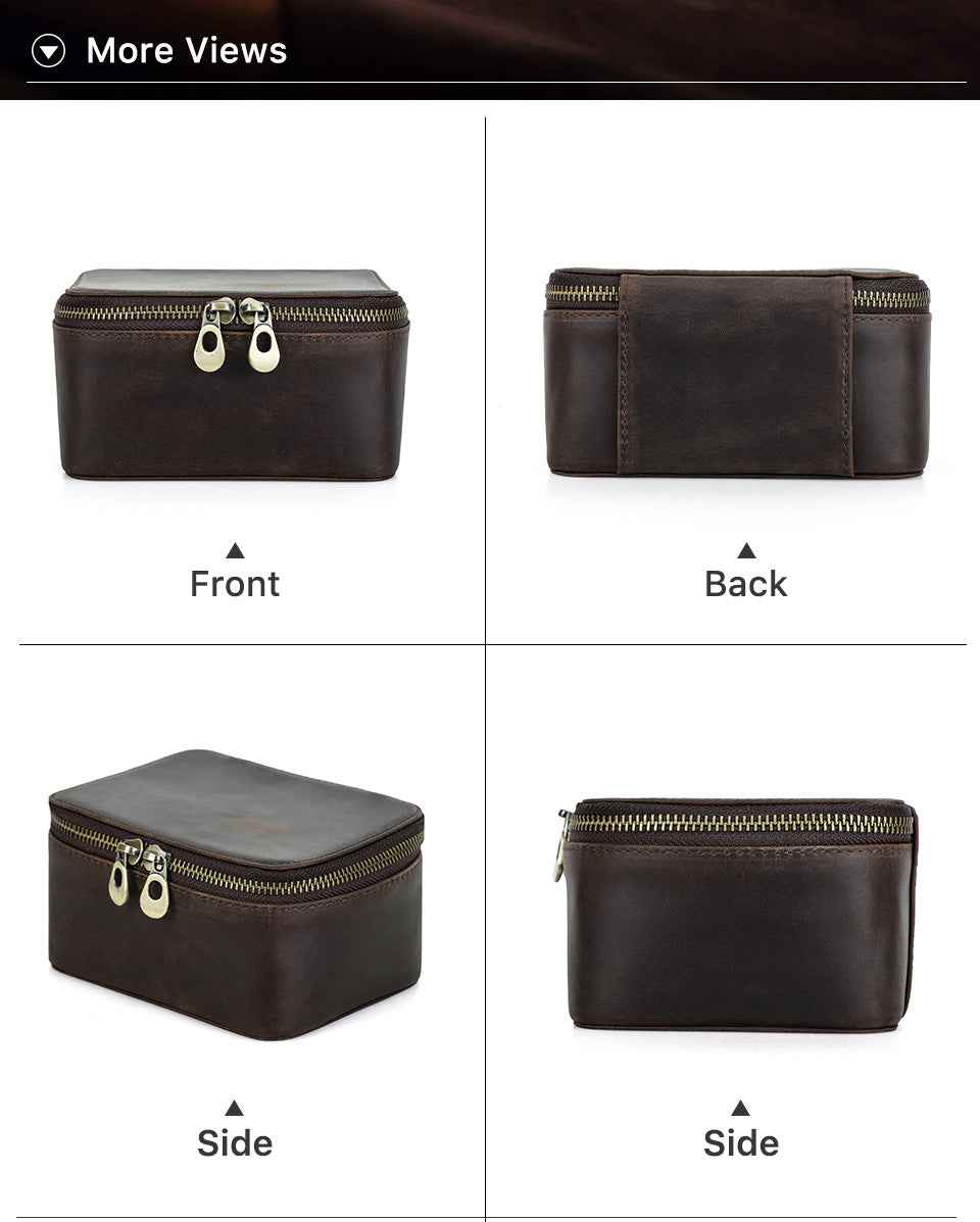 Genuine Leather Watch Travel Case with Double Metal Zippers