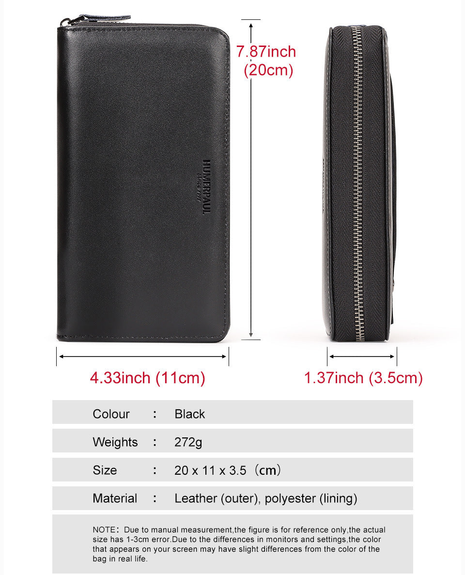 Men's RFID Long Leather Wallet – Full Grain Cowhide Zip Clutch