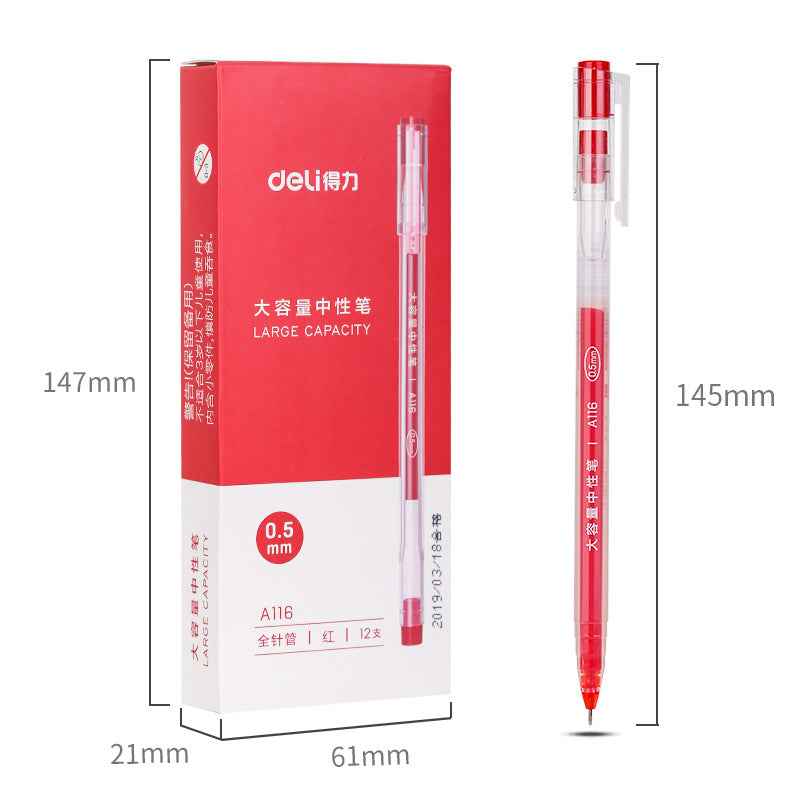 DELI A116 Large Capacity Gel Pen Needle Tip 0.5mm Fine Point 12 Pack Red
