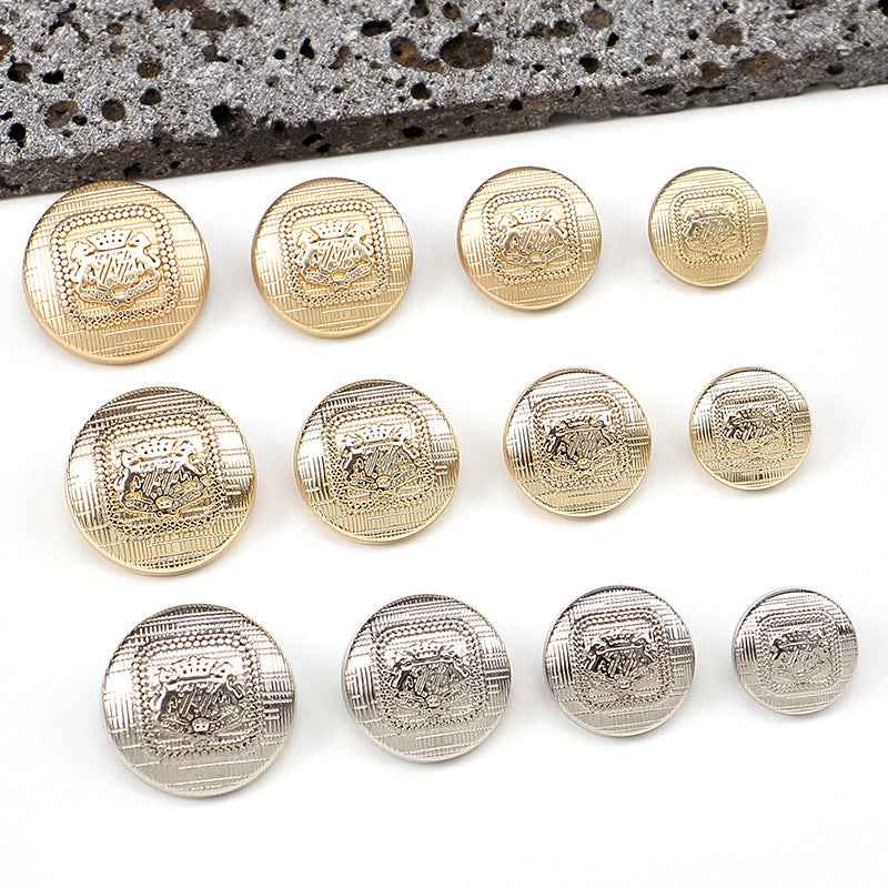Speckled metal shank buttons set, gold and silver round designs with embossed details